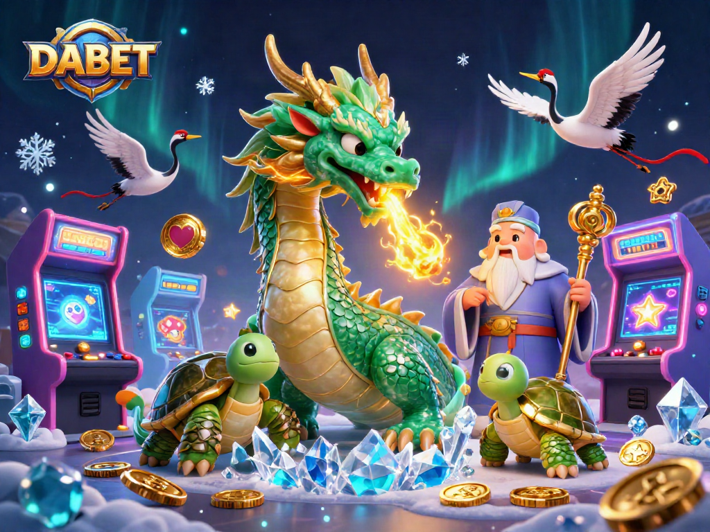 DABET showcases an emerald dragon amidst colorful game elements, igniting excitement in gambling.