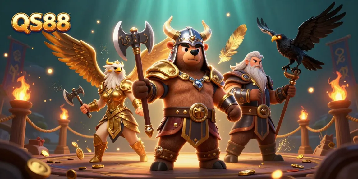 Experience the thrill of QS88 with a dynamic scene featuring Viking characters and casino elements.