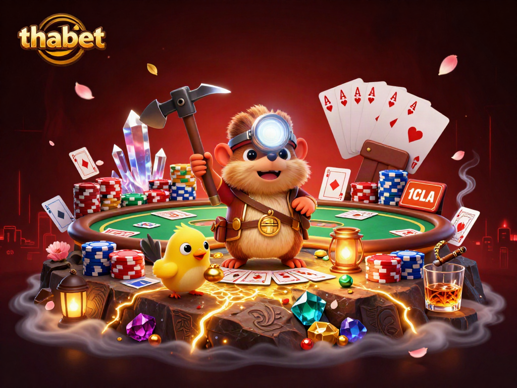 Engage in thrilling poker games with thabet as a treasure hunter mole explores a cave rich in gems and gold.
