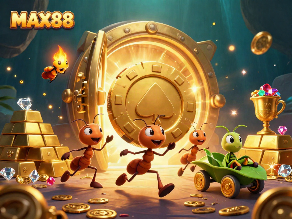 Win big with MAX88 in this vibrant casino heist scene featuring ants and treasure.