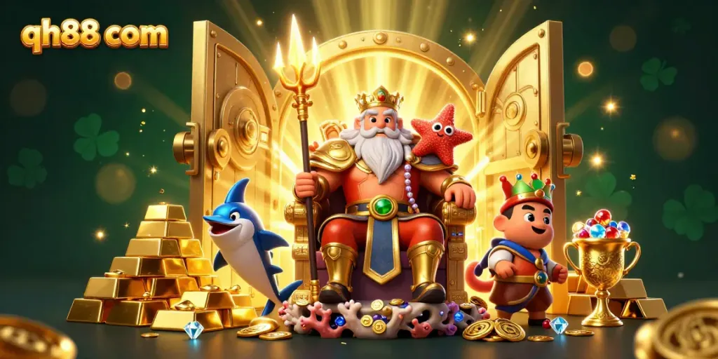 Win big with qh88 com in this vibrant 3D casino scene featuring treasures and gaming excitement.