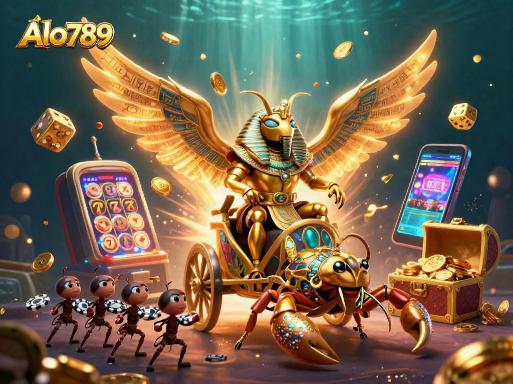 Alo789 showcases a vibrant casino scene with golden scarabs and a jackpot explosion.