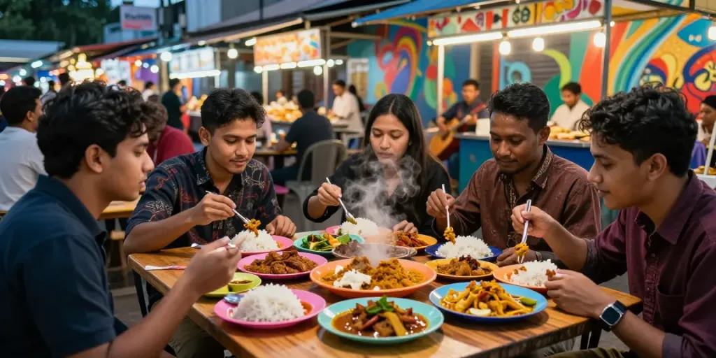 Enjoying rokok88 Nasi Kandar with friends in a vibrant market setting.