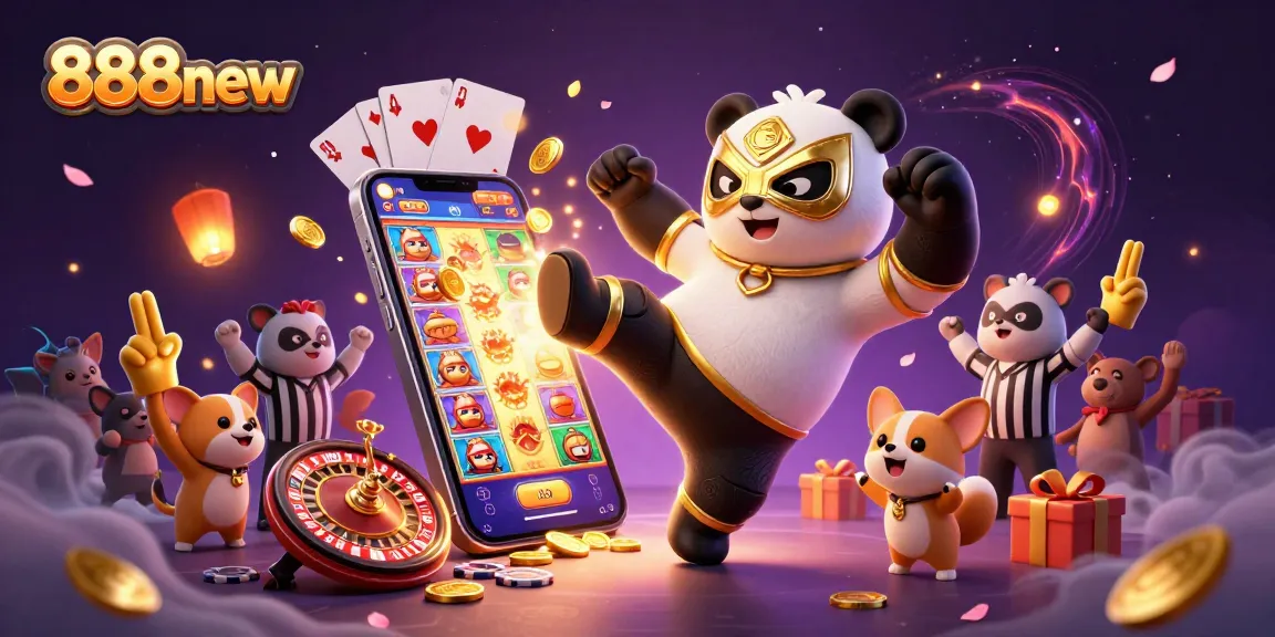 Engage in thrilling gameplay with 888new as panda wrestler kicks with excitement amid vibrant casino elements.