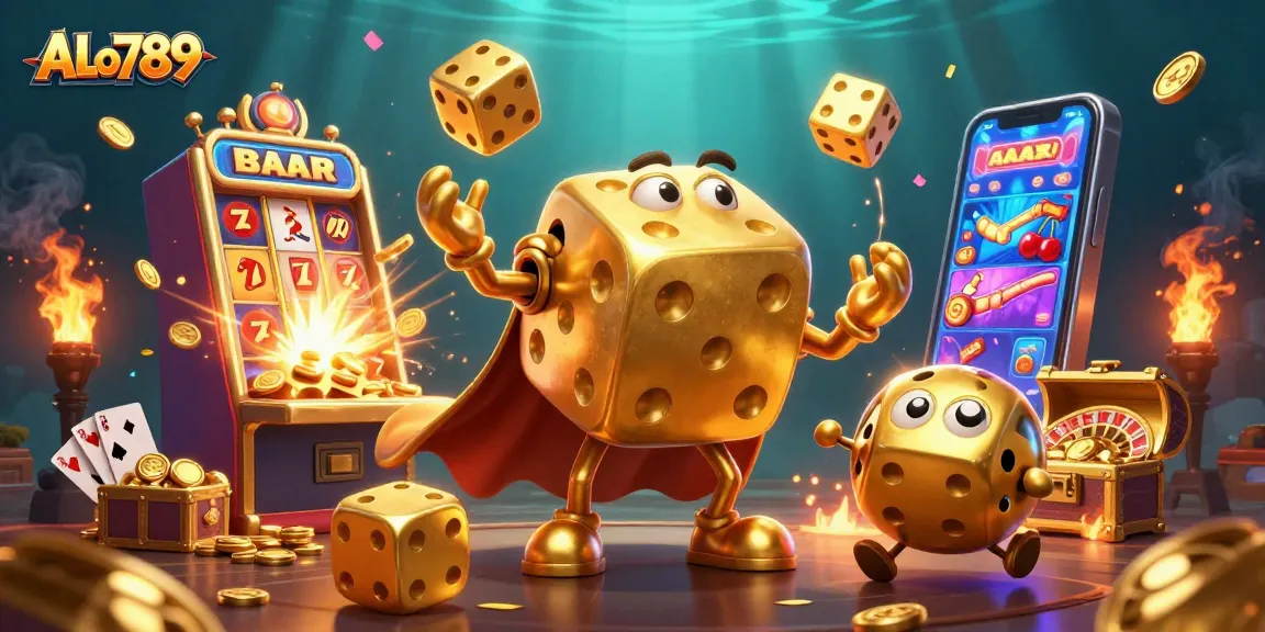 Engage with ALo789's vibrant casino atmosphere featuring golden dice, lively slot machines, and exciting gameplay.