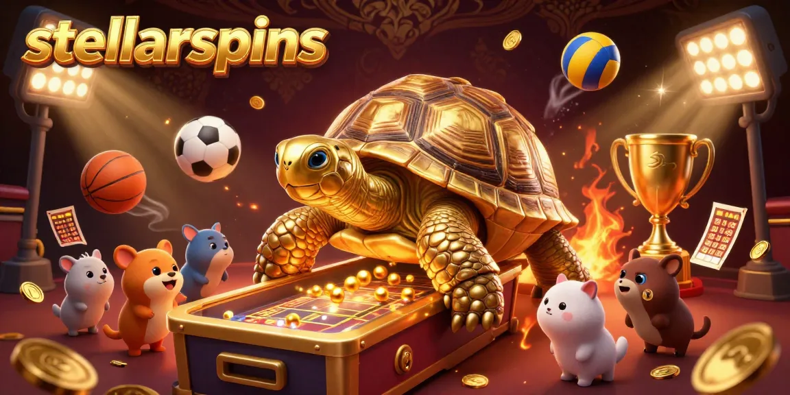 Experience the excitement at stellarspins with a vivid scene of a colossal tortoise and small animals enjoying the thrill of gaming.