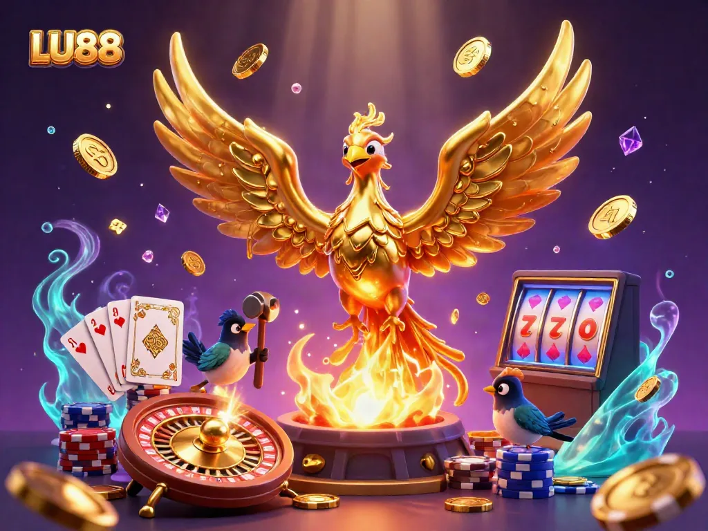 Experience thrilling gameplay with LU88's engaging golden phoenix and vibrant casino elements.