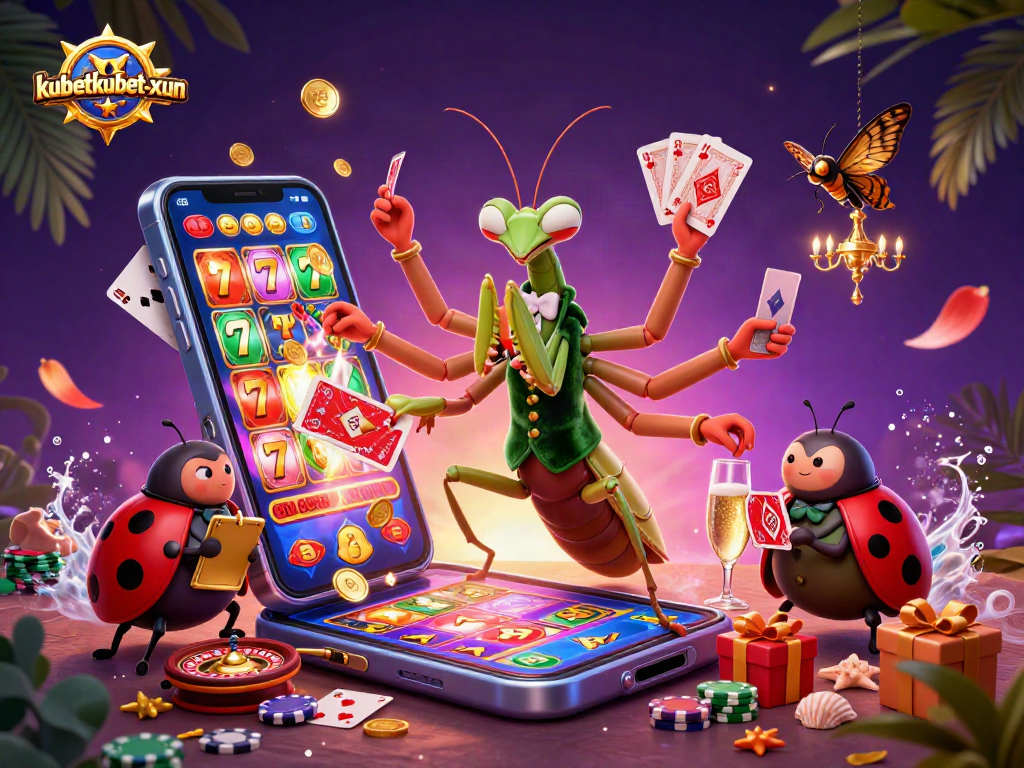Experience exciting gameplay with kubetkubet-xun featuring a giant praying mantis and vibrant casino elements.