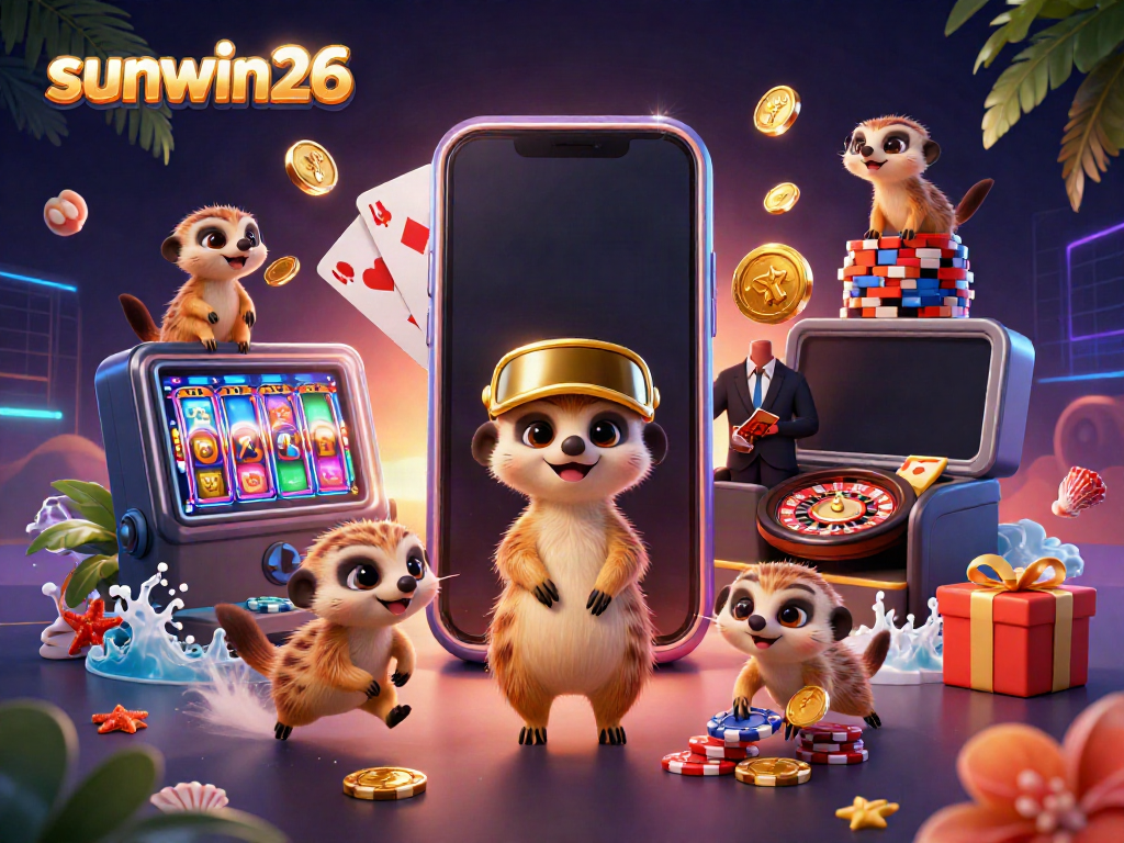Experience thrilling gaming at sunwin26 with playful meerkats running a vibrant casino operation.