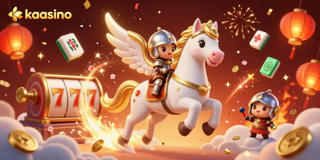 Experience thrilling slots at kaasino while a celestial knight rides a magical horse, surrounded by vibrant casino elements.