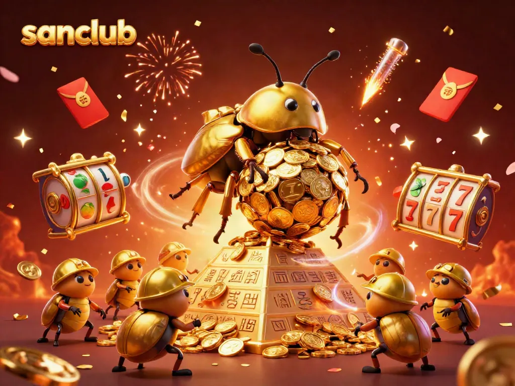 Experience thrilling action at sanclub with a vibrant 3D scene of casino games and gold coins.