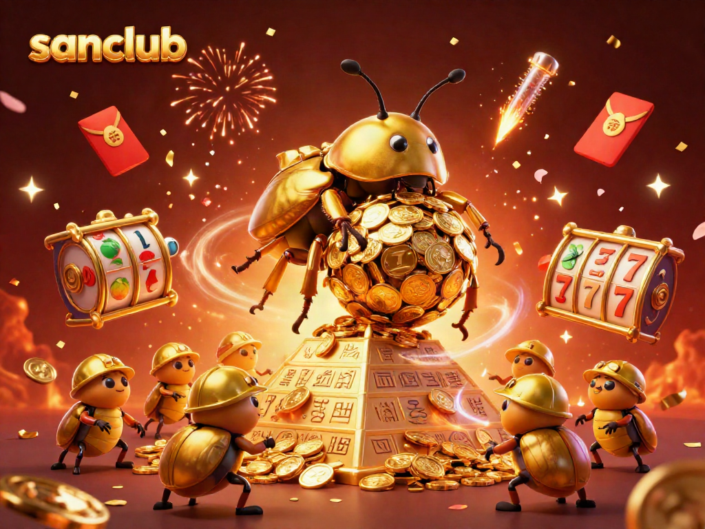 Experience thrilling action at sanclub with a vibrant 3D scene of casino games and gold coins.