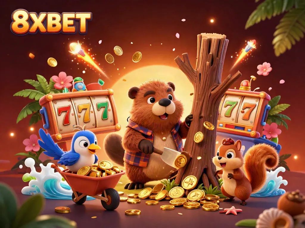 Experience the thrill of 8XBET as the beaver collects gold coins raining from a tree in this vibrant casino scene.