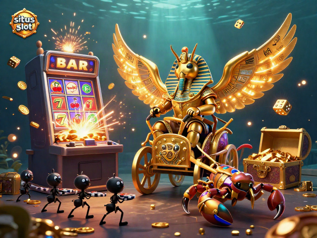Experience thrilling gameplay as situs slot presents dynamic visuals of a golden scarab beetle and jackpot scenes.