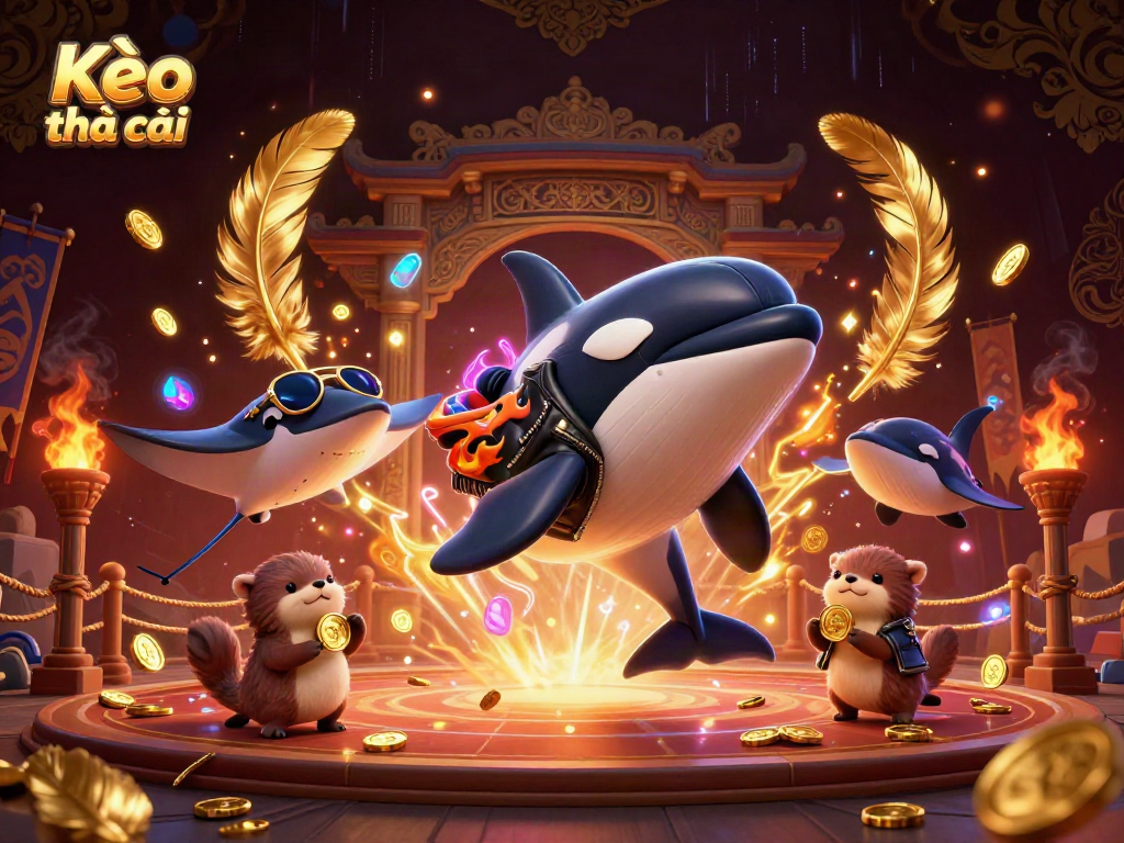 Kèo nhà cái showcases a vibrant 3D scene with a biker orca, a cool stingray, and otters floating with coins.
