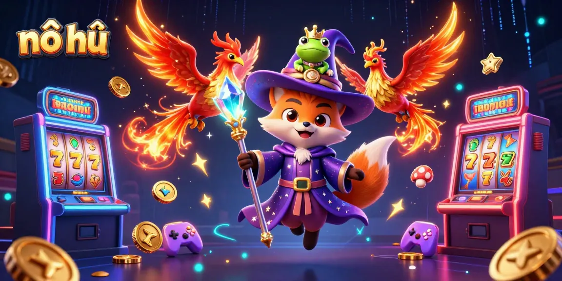 Experience the thrill of nổ hũ with a magical fox wizard, phoenix companion, and vibrant casino elements.