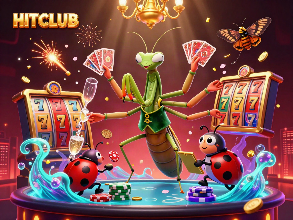 Engage in thrilling HITCLUB gameplay with colorful slot games and dynamic casino characters.