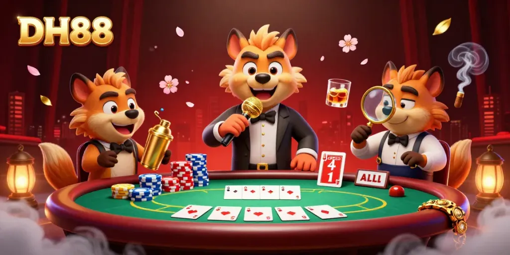 Experience the lively DH88 casino atmosphere with hyenas enjoying comedy, drinks, and poker action.