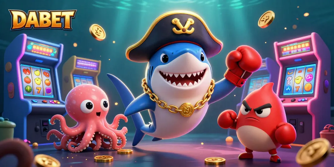 DABET showcases a vibrant underwater casino scene with a pirate shark, pufferfish, and octopus amidst glowing gaming machines.