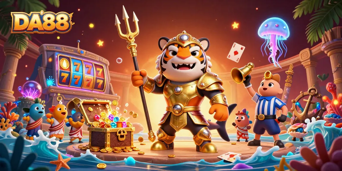 Engage in thrilling gameplay with DA88 as a mighty tiger shark and casino treasures collide.