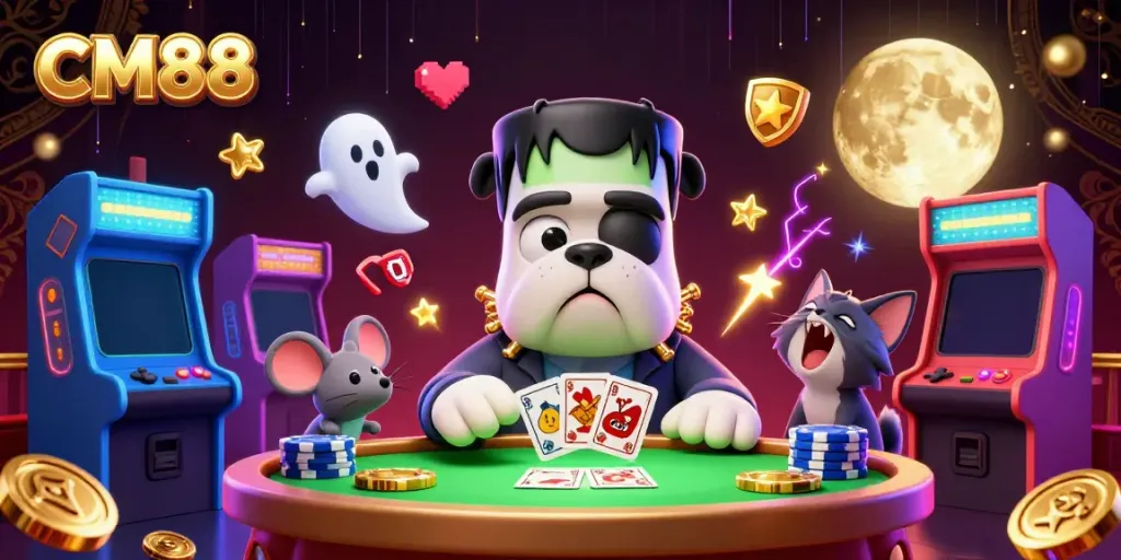 Experience the thrill of CM88 with a lively 3D casino scene featuring playful characters.