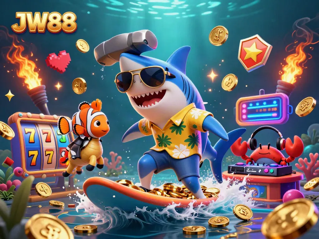 Experience dynamic casino action with JW88, showcasing a shark surfer, clownfish rider, and crab DJ amidst colorful slot game visuals.