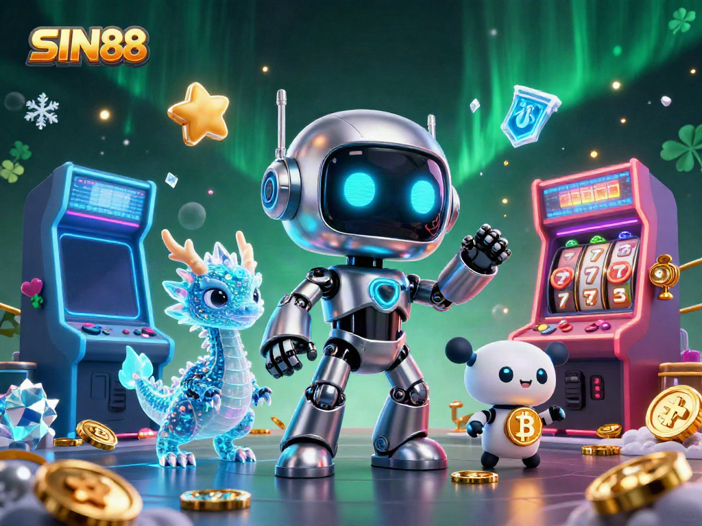 SIN88 features a vibrant 3D scene with a cyberpunk mascot, AI dragon, and drone, engaging in thrilling gaming action.