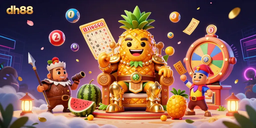 Experience the thrilling atmosphere of dh88 with a vibrant beach casino scene featuring a golden pineapple king and lively game elements.