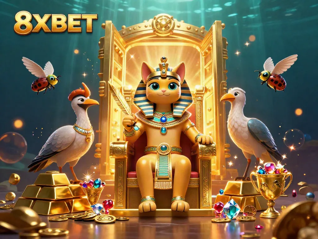 Experience luxury gaming with 8XBET through a vibrant, jewel-filled pharaoh-themed scene.