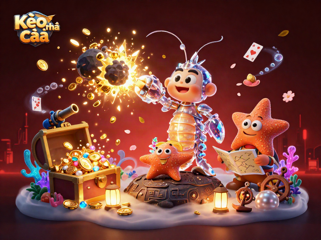 Engage with Kèo nhà cái as a rare samurai shrimp battles amidst treasures and vibrant ocean graphics.