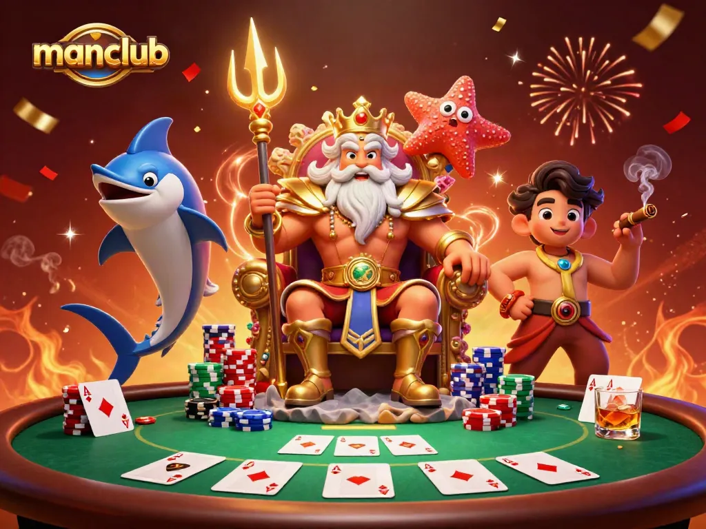 Join in the fun at manclub with a vibrant poker scene featuring Neptune and friends celebrating wins.