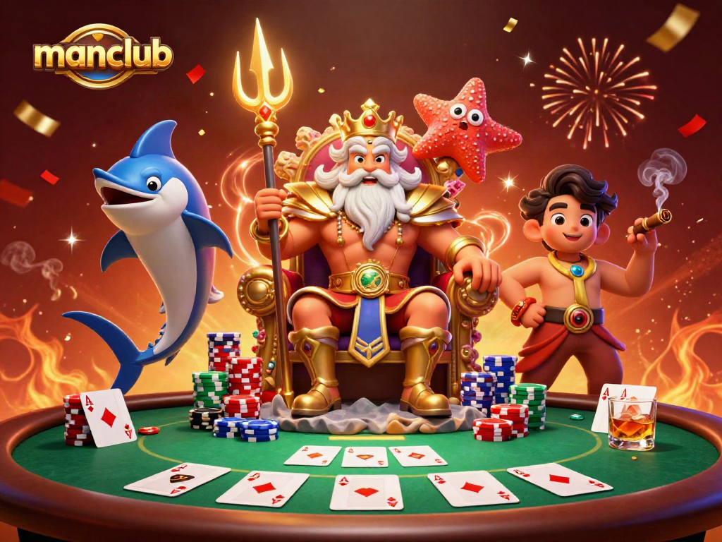 Join in the fun at manclub with a vibrant poker scene featuring Neptune and friends celebrating wins.