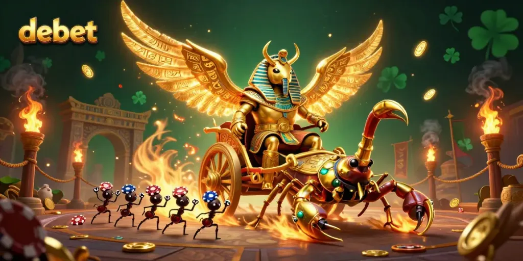 Experience the vibrant debet online casino with a dynamic illustration of a golden scarab beetle surrounded by gaming elements.