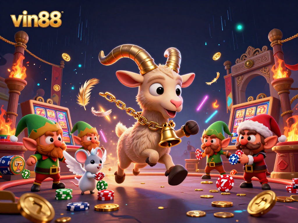 Experience exciting actions at vin88 casino with festive gambling characters in a vibrant illustration.