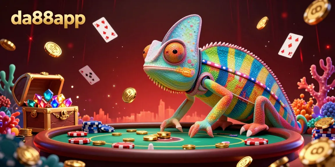 Engage in gaming excitement with da88app, featuring a vibrant chameleon casino owner amidst golden coins and bioluminescent treasures.
