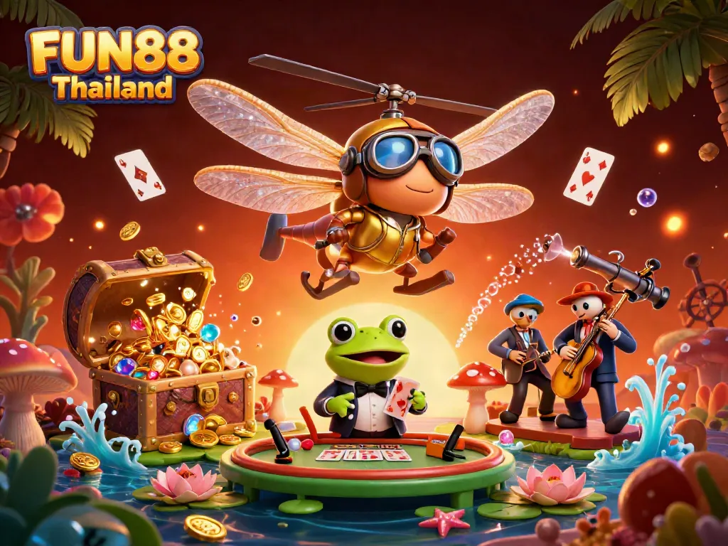 Experience the vibrant FUN88 Thailand casino scene with dragonfly pilot and frog croupier.