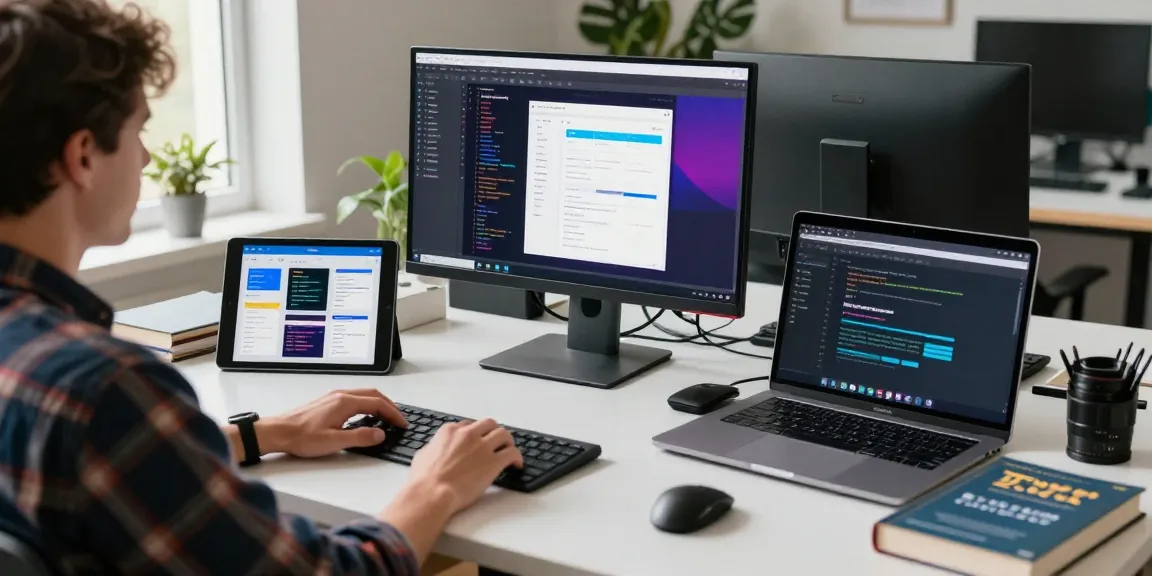 Webdevelopment in een moderne werkruimte met een programmeur die code schrijft op meerdere schermen.