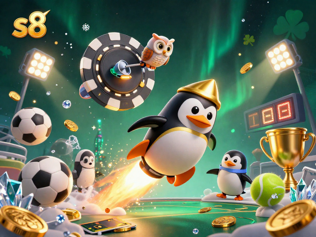 S8 platform engaging users with a vibrant 3D illustration of a rocket-powered penguin and casino elements.