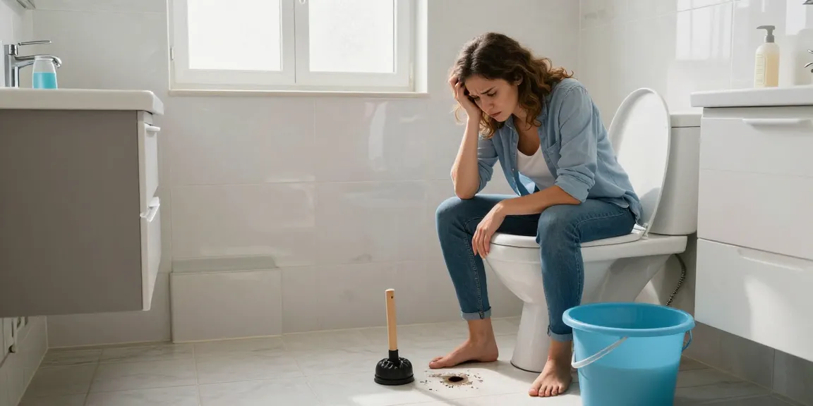 Probleem met een verstopte wc in een badkamer, met een rubberen ontstopper en emmer warm water.