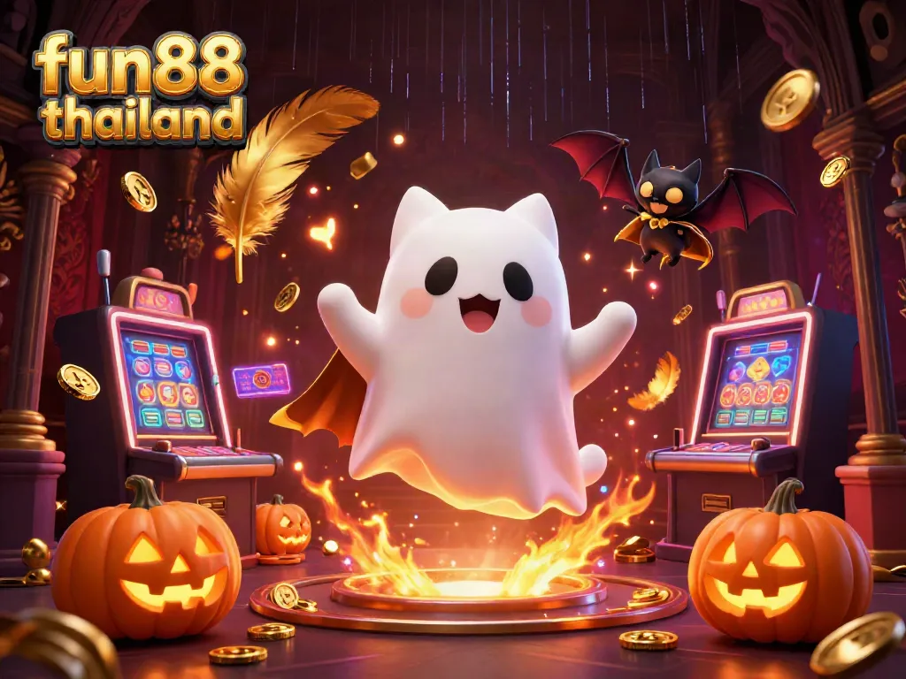 Engage with fun88 thailand's dynamic gaming scene featuring a ghost cat and bat companion in a haunted casino.