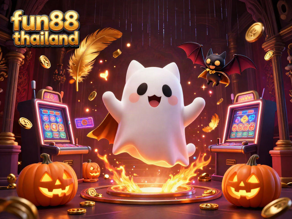 Engage with fun88 thailand's dynamic gaming scene featuring a ghost cat and bat companion in a haunted casino.