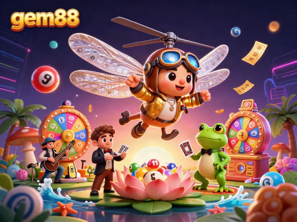 Engage with gem88's thrilling gaming experience showcasing vibrant casino elements and characters.