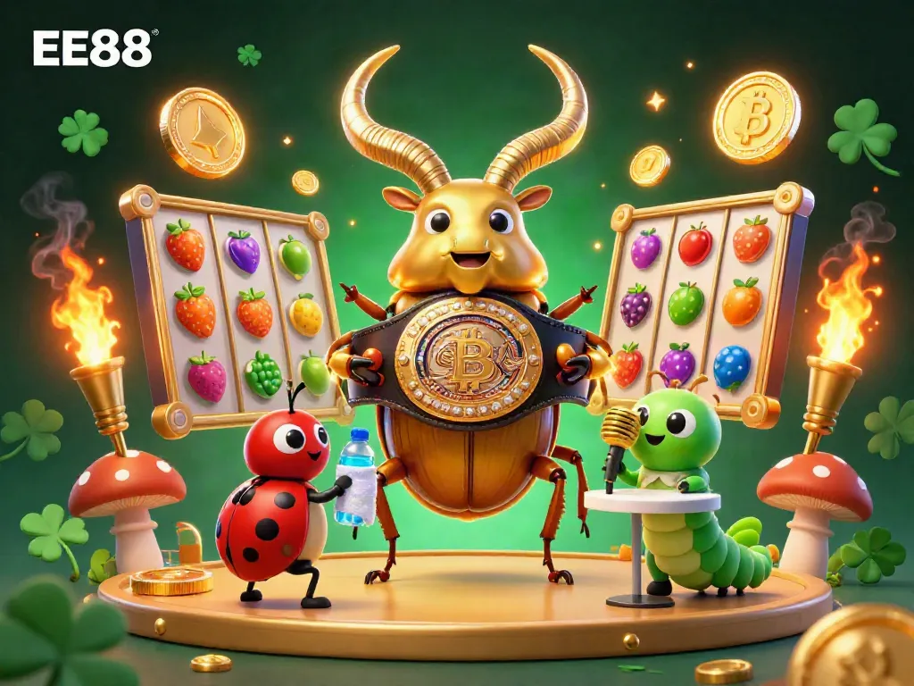 Engage in high-stakes fun at EE88, featuring a golden stag beetle champion battling among colorful slot reels and glowing coins.