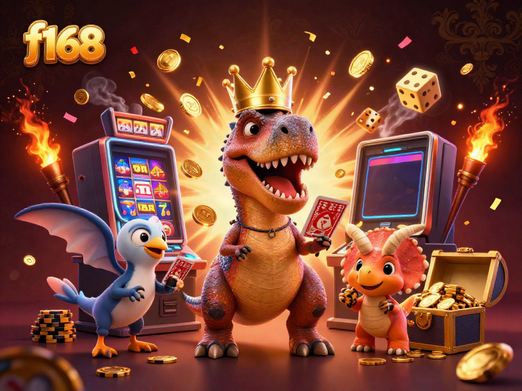 Engaging f168 casino scene depicting a T-Rex, pterodactyl, and triceratops in a vibrant gaming environment.
