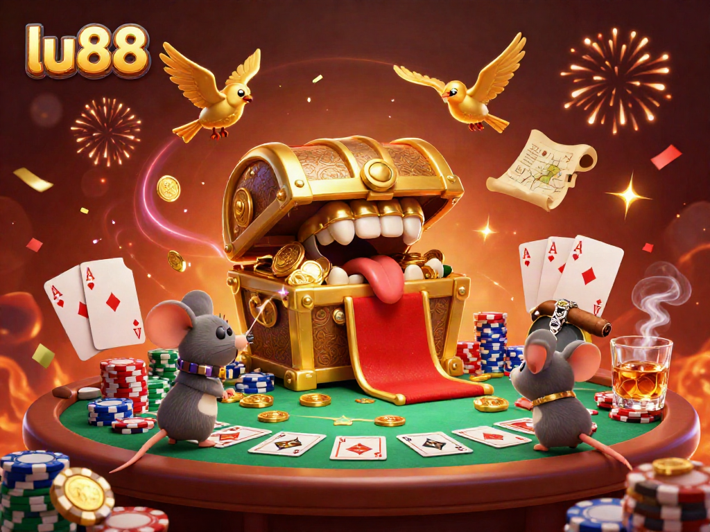 Engaging scene showcasing lu88's thrilling gambling atmosphere with a treasure chest and vibrant poker elements.
