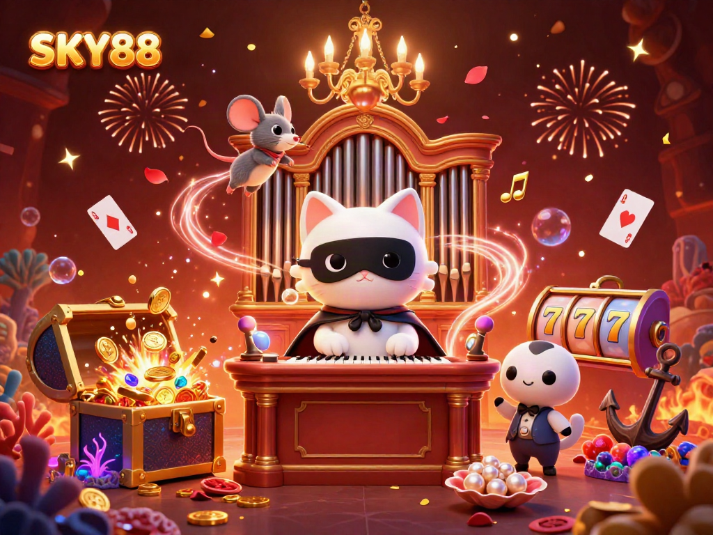 Engage in thrilling games at SKY88 with a vibrant 3D casino scene featuring a phantom cat and treasure elements.