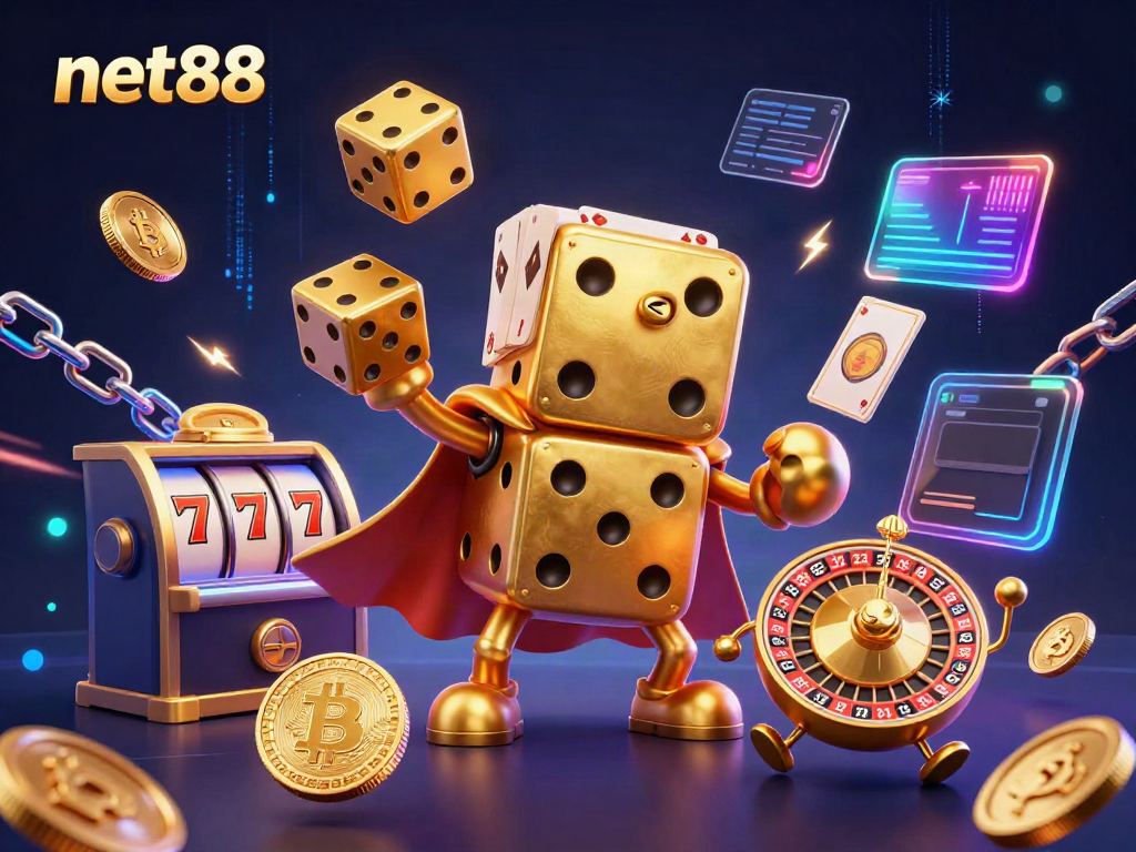 Experience thrilling gaming action with net88 featuring a dynamic golden dice golem and vibrant slot elements.