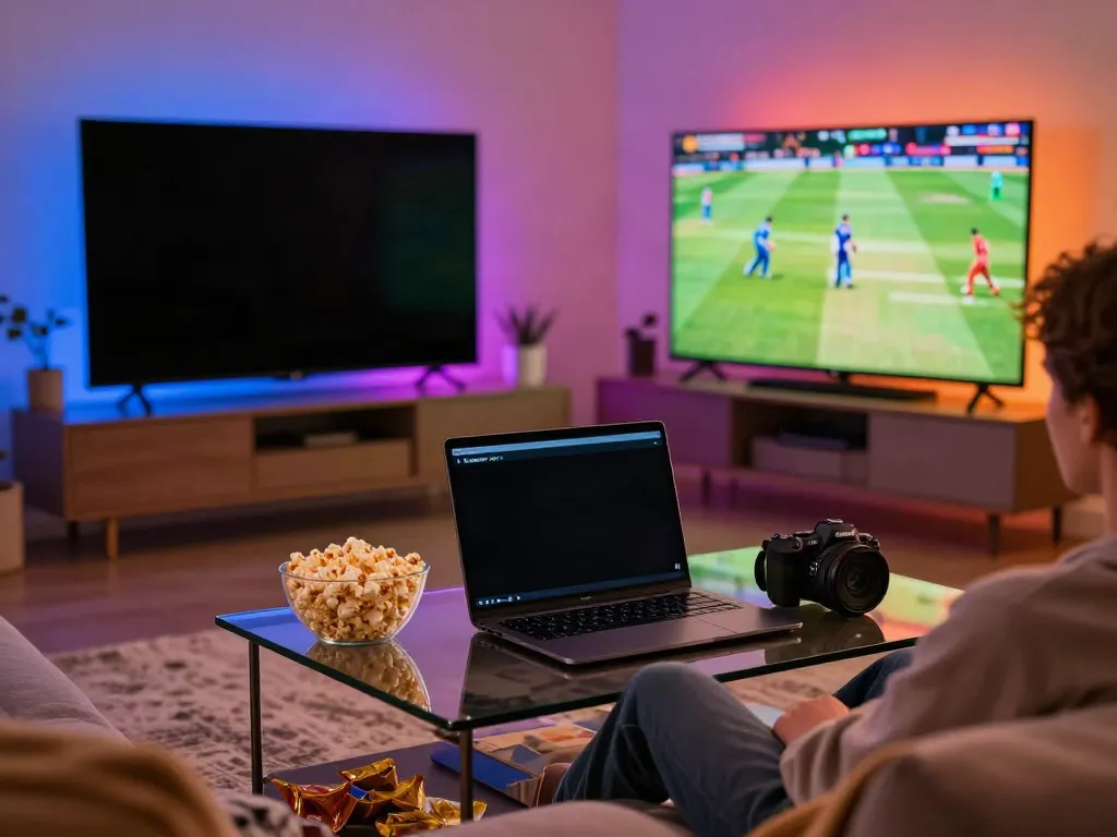 Cozy home entertainment setup streaming via https://pikashowlatestversion.com/download/ with snacks and vibrant lighting.