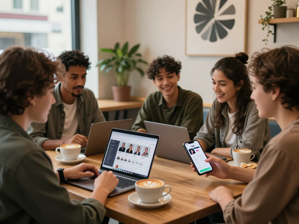 Interactive F168 dating app scene in a lively coffee shop with young adults connecting.