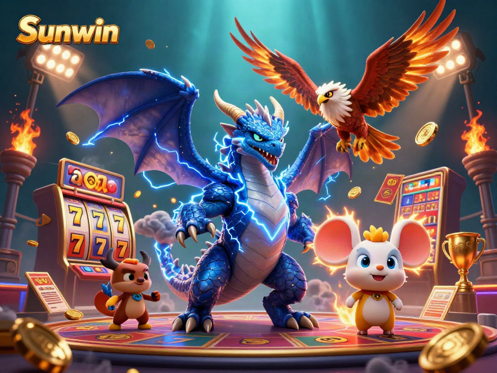 Dynamic scene of a thunder dragon and wind hawk showcasing Sunwin's thrilling casino experience with slots and jackpots.